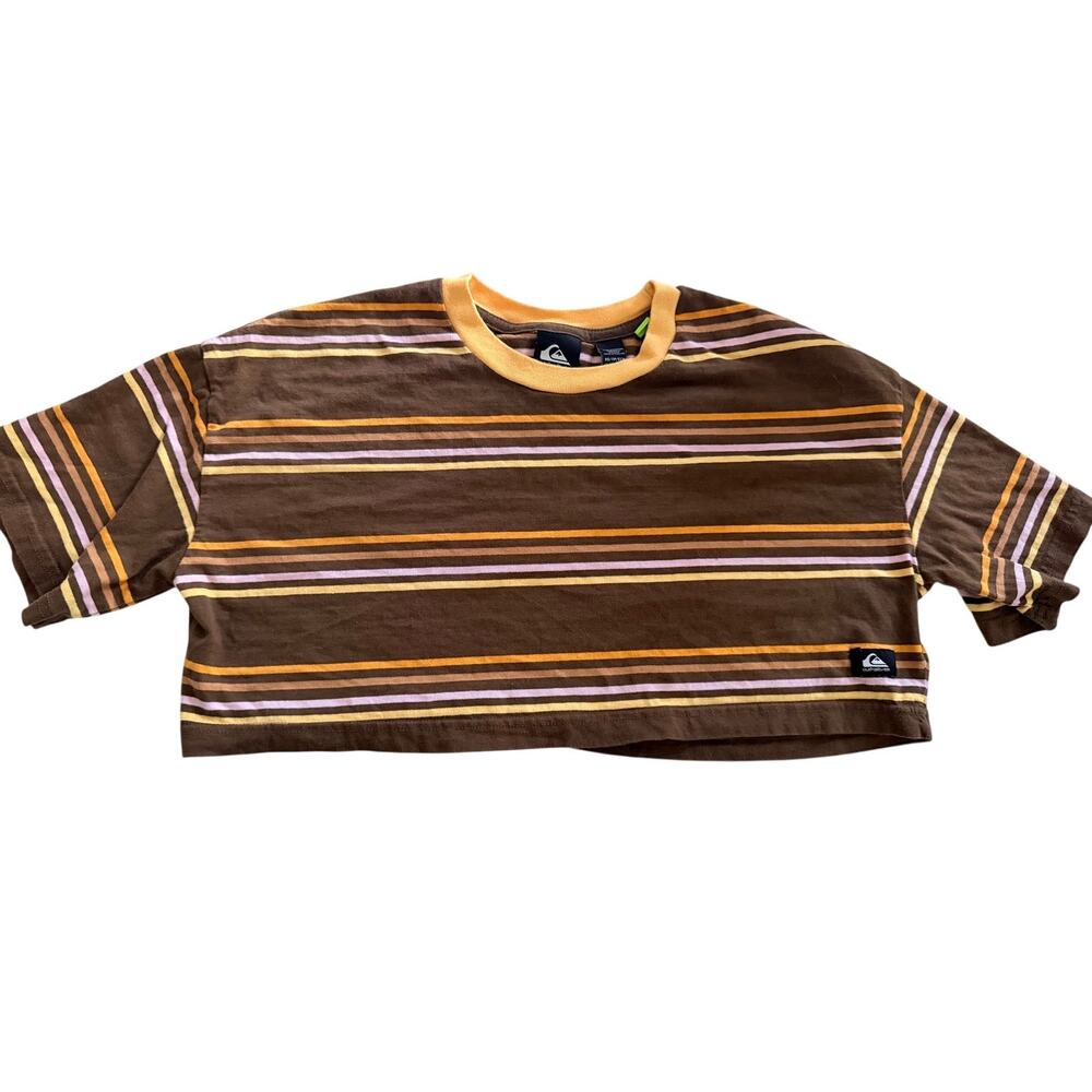 Quiksilver Womens XS Brown Stripe Crop T Shirt Road Song Retro Surf Y2K Tee